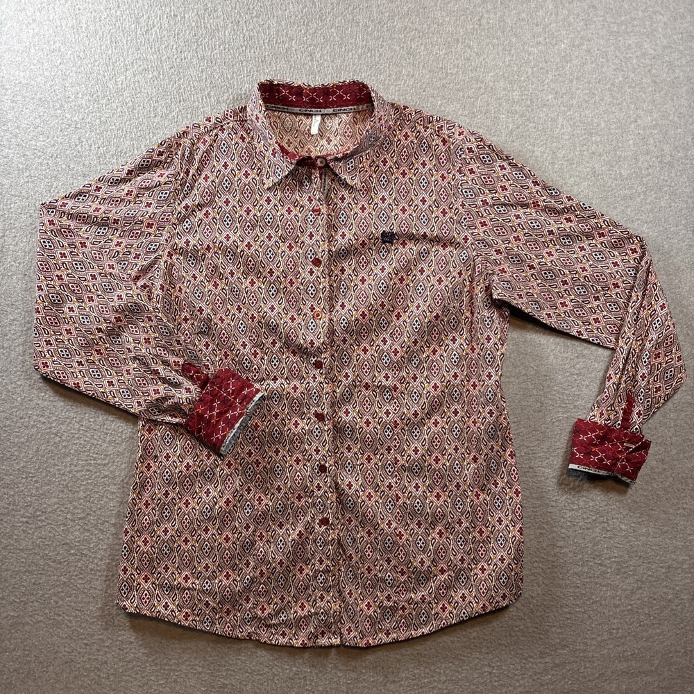 Cinch Women's Geo Print Long Sleeve Button Down Western Shirt Sz XL Red Cowgirl